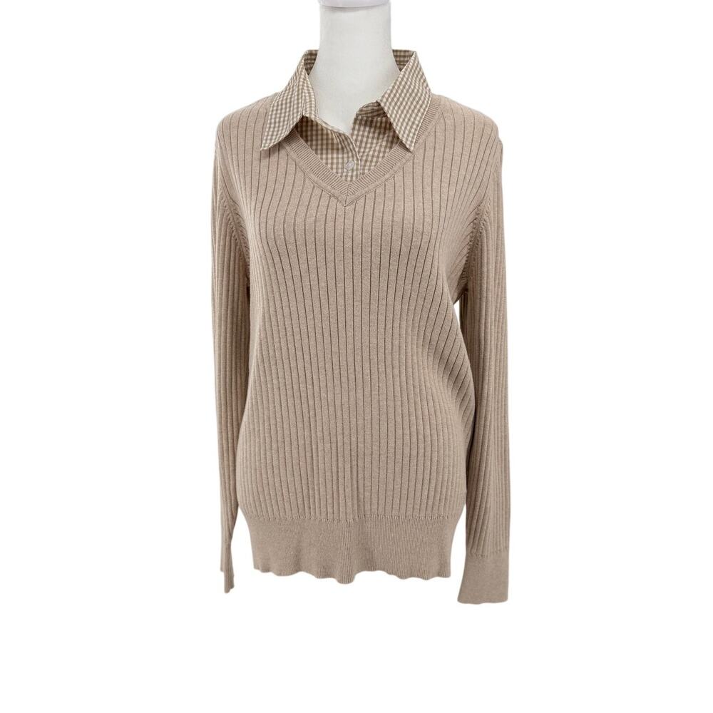 IZOD Tan Ribbed Sweater Womens XL V Neck Preppy Layered Look Pullover